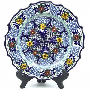 Talavera Pottery Mexican Hand Painted Plate Dish Blue Geo Floral Vintage Signed